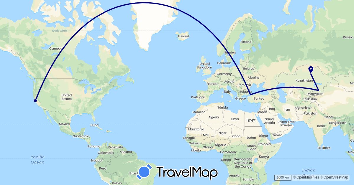 TravelMap itinerary: driving in Kazakhstan, Turkey, United States (Asia, North America)