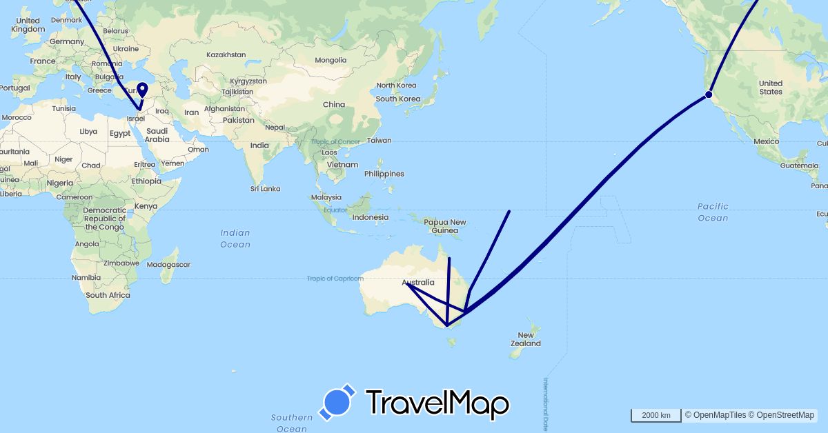 TravelMap itinerary: driving in Australia, Lebanon, Nauru, Syria, Turkey, United States (Asia, North America, Oceania)